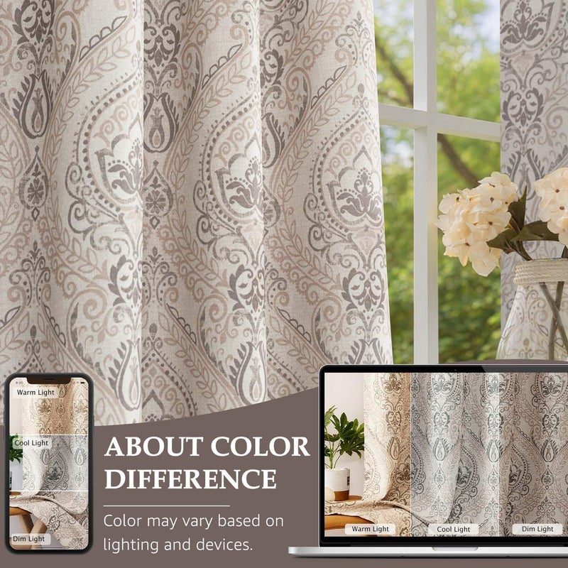 jinchan Linen Textured Curtains for Living Room Darkening 63 Inch Length, Medallion Drapes for Bedroom, Damask Pattern Window Treatments Vintage Curtain Panels, 2 Panels Taupe on Greige - Image 3